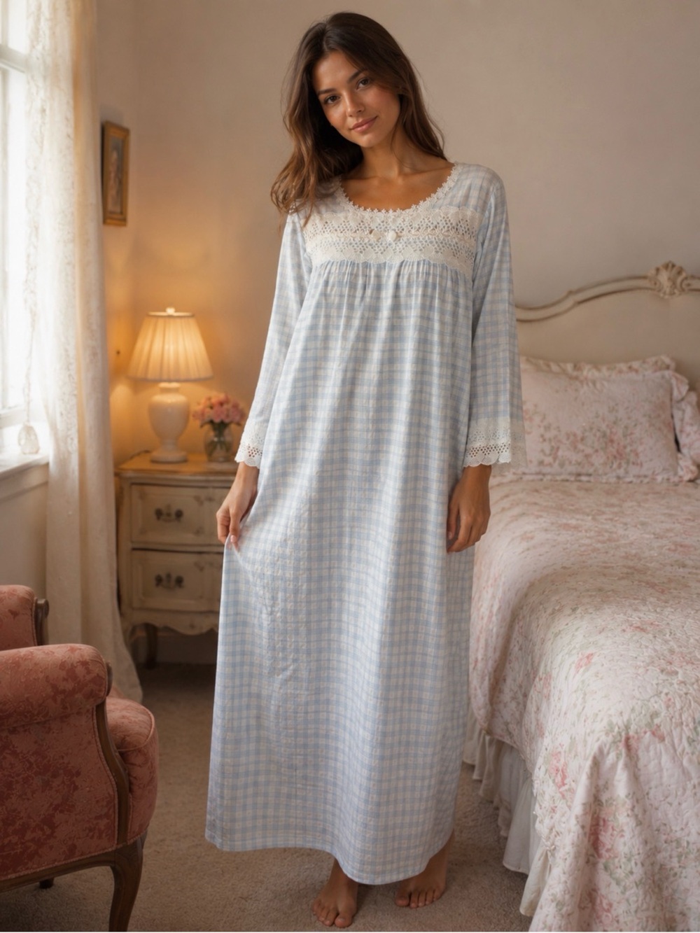 Dior Light Blue and White Plaid Cotton Flannel Nightgown with Lace Trim